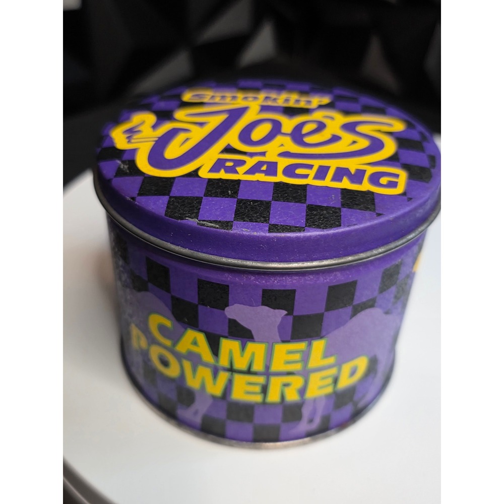 Vintage Smokin Joes Racing Camel Powered Collectible Metal Tin Purple Checkered